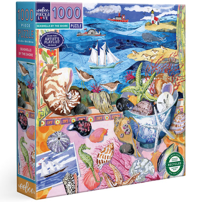 eeBoo Seashells by the Shore 1000 piece puzzle with colorful coastal seascape and marine life illustration