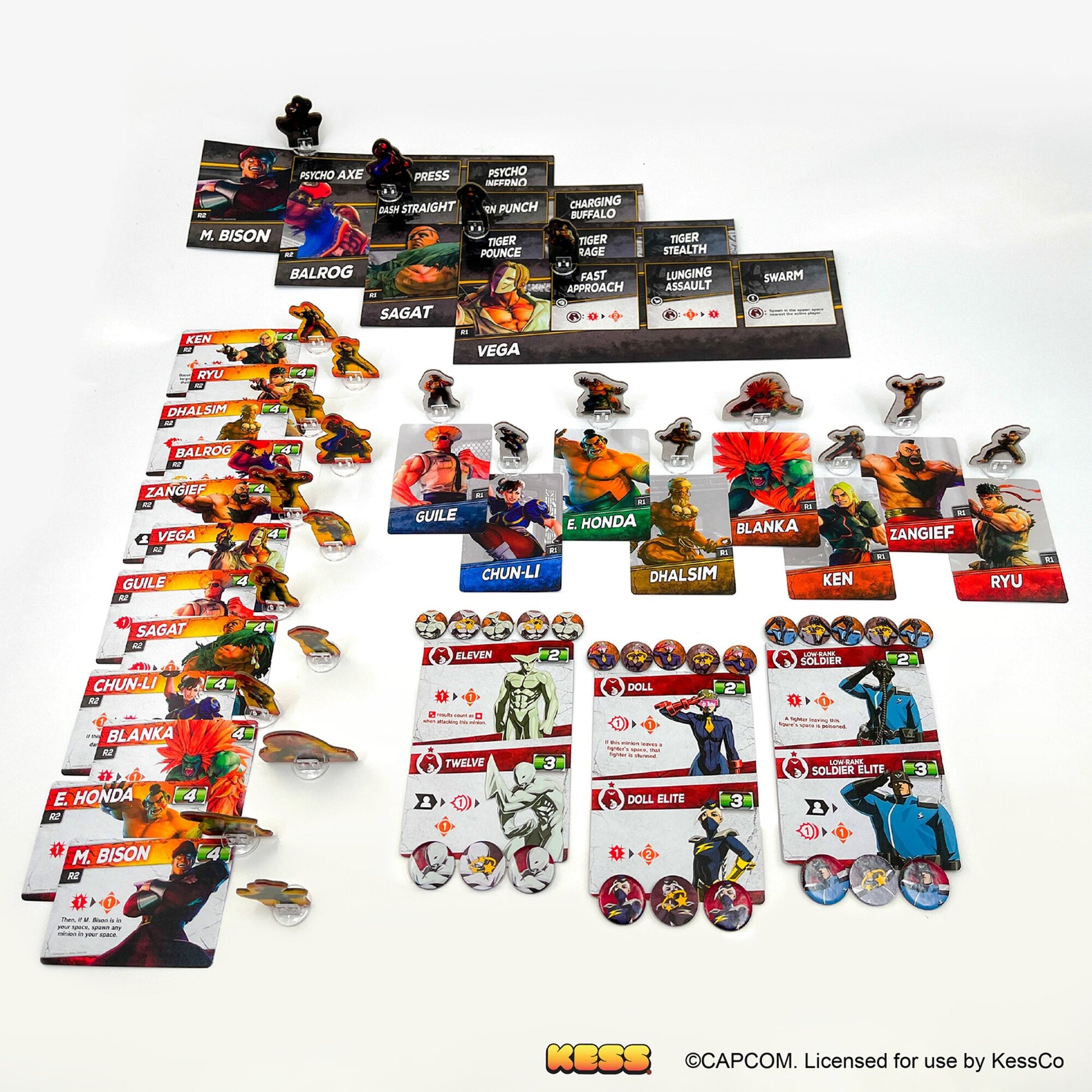 Street Fighter V Champion Edition board game with character cards, tokens, and game pieces featuring iconic fighters