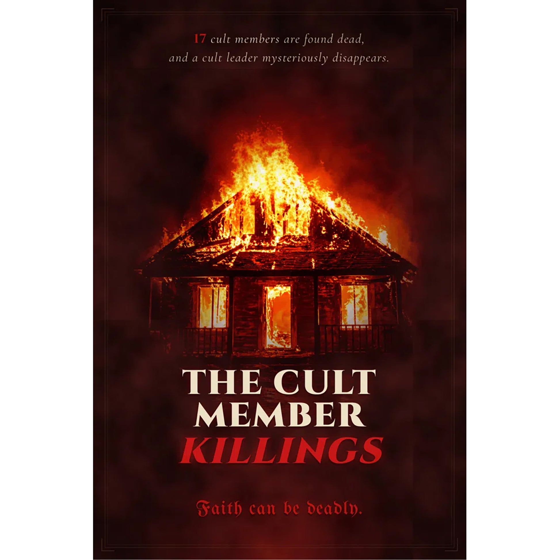The Cult Member Killings Detective Party Game box with burning house imagery