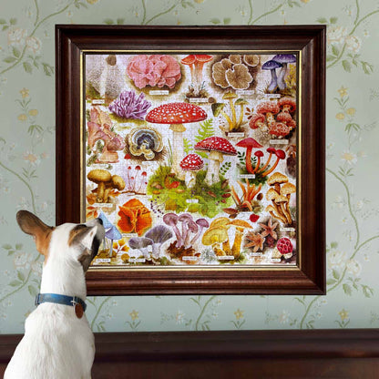 Bountiful Mushrooms 1000 pc Puzzle with colorful mushroom illustrations and dog viewing
