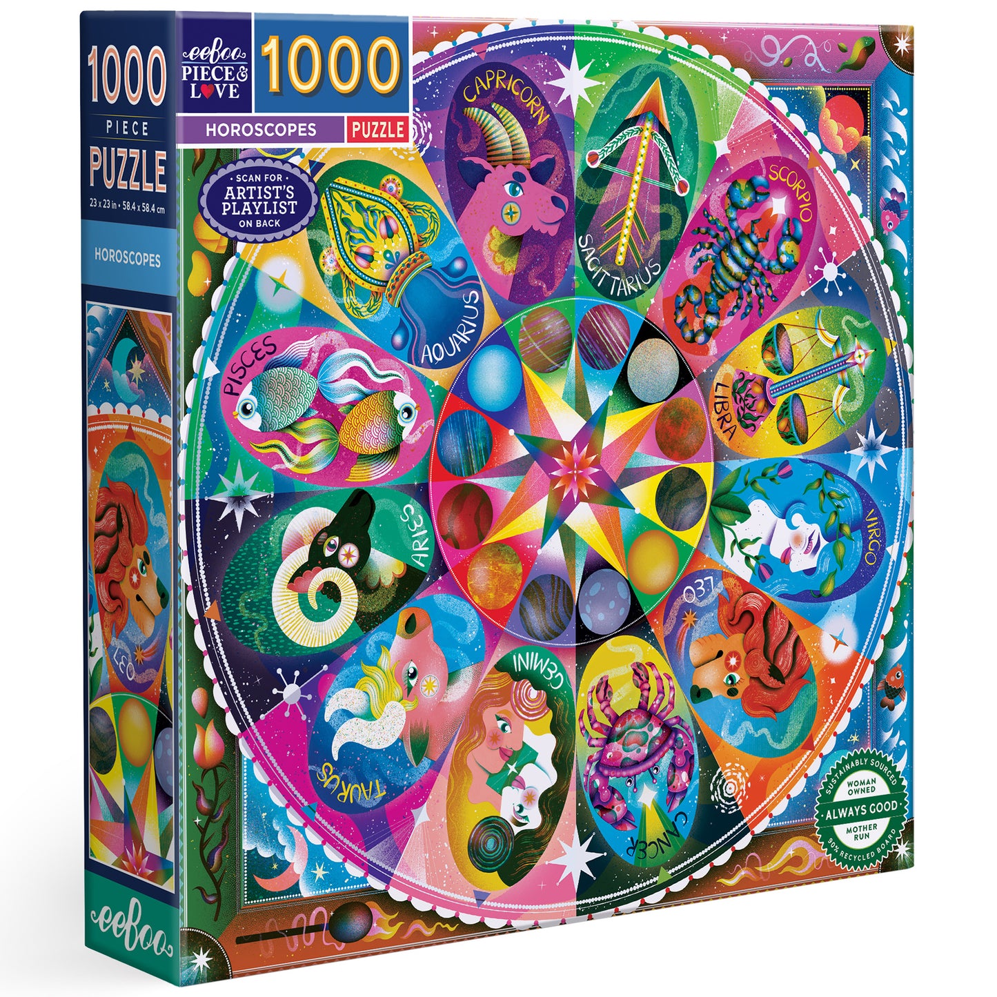 Piece & Love Horoscopes 1000 Piece Puzzle with colorful zodiac artwork and celestial designs