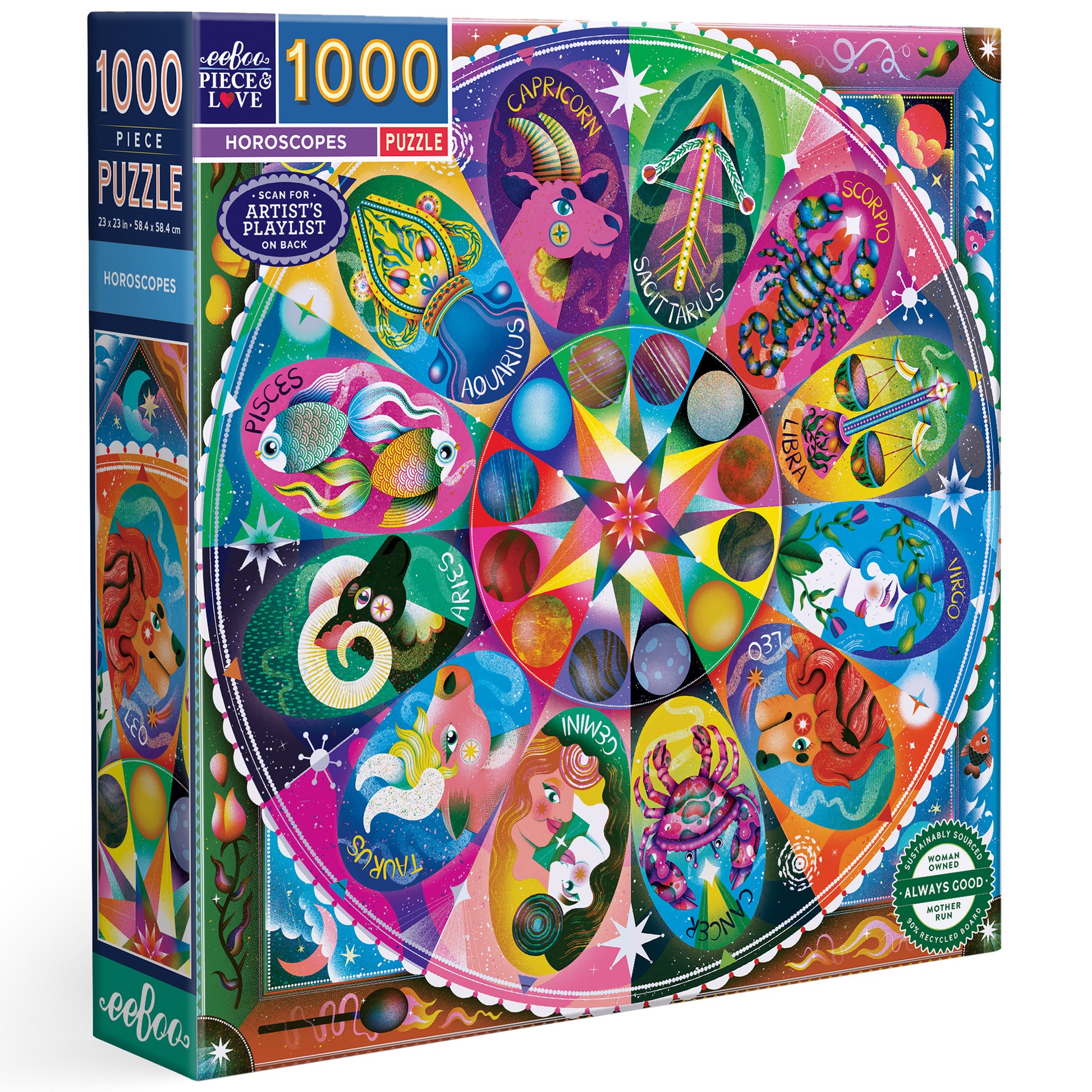 Piece & Love Horoscopes 1000 Piece Puzzle with colorful zodiac artwork and celestial designs