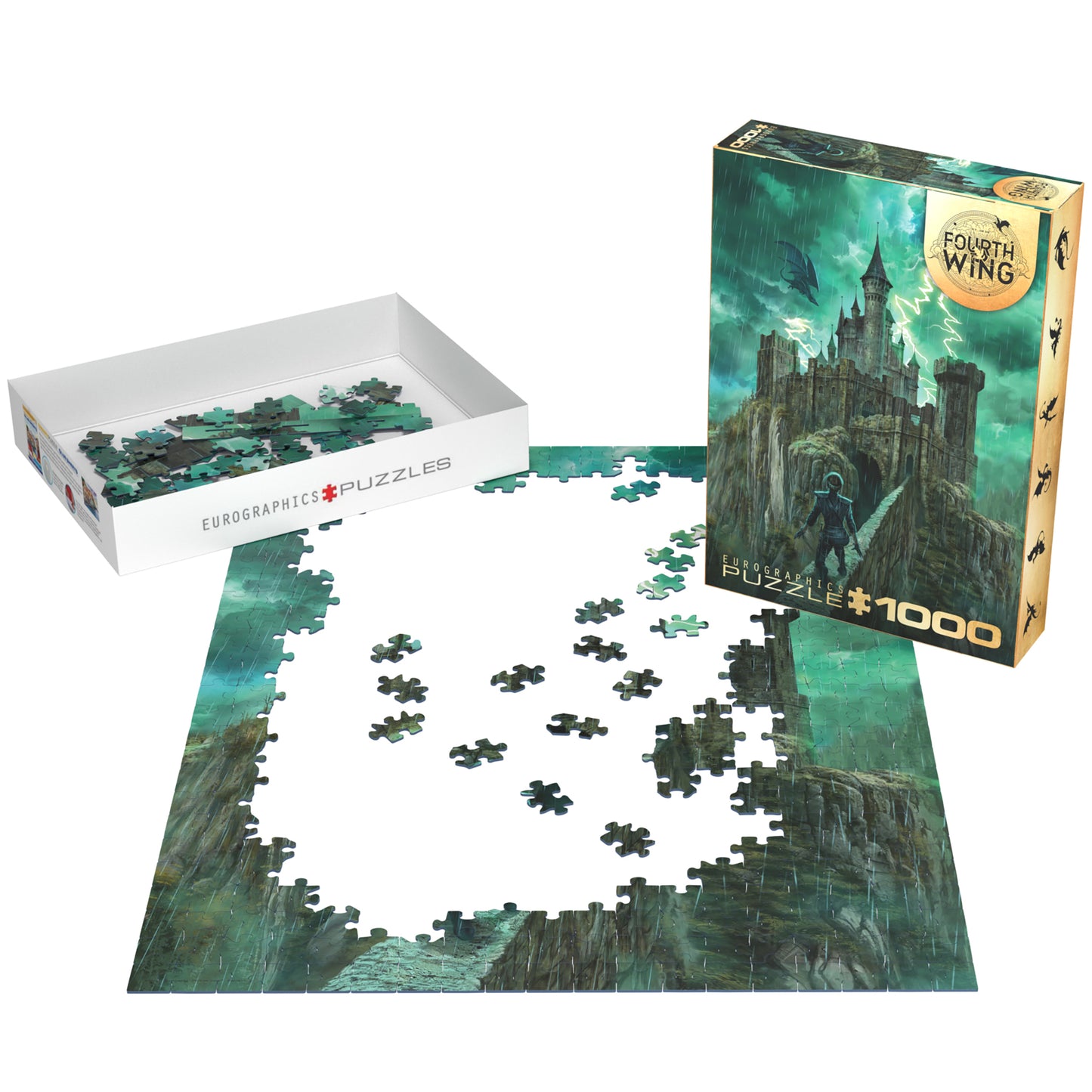 Eurographics Fourth Wing 1000 piece puzzle featuring castle and green fantasy artwork