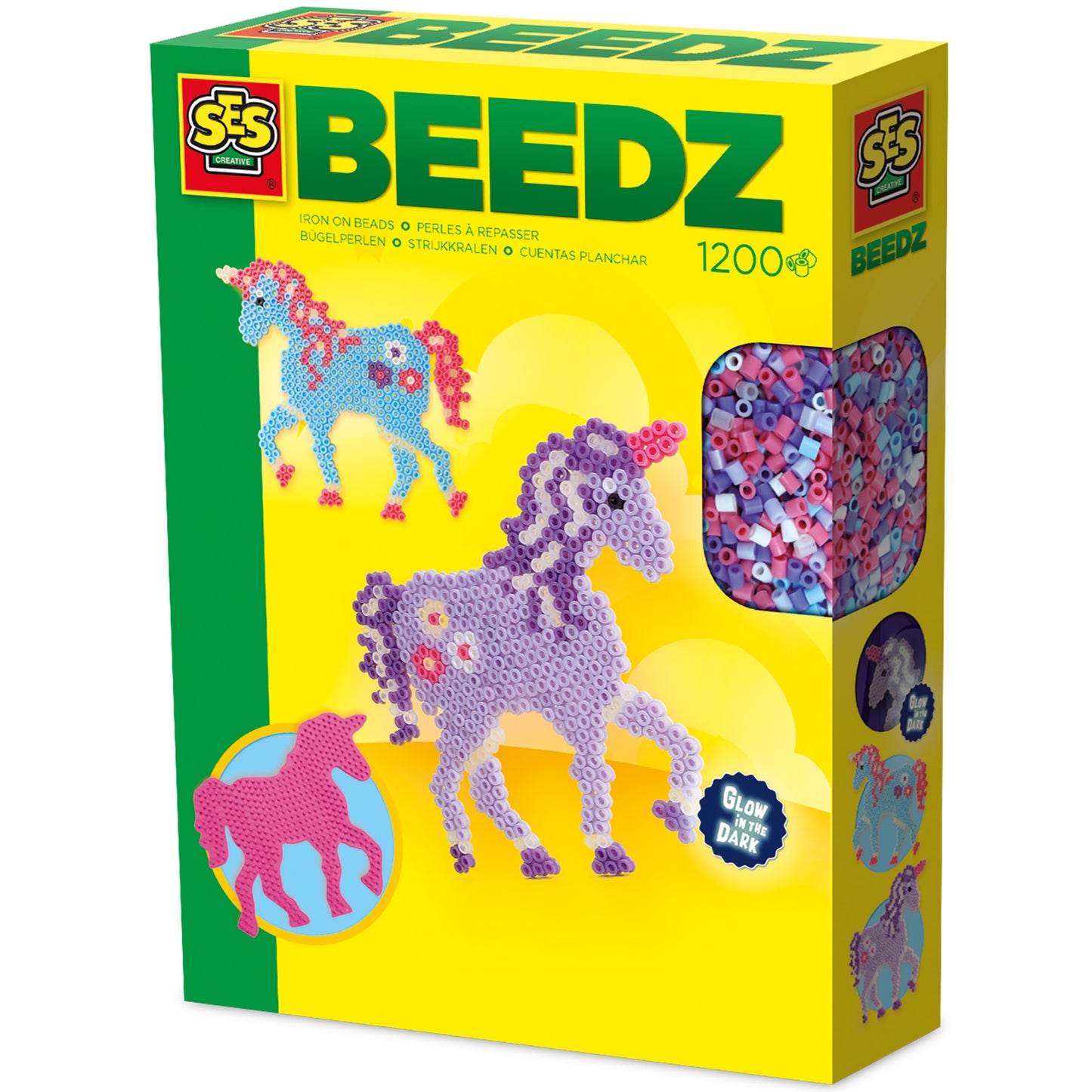 SES Creative Beedz Fantasy Horses DIY Unicorn Craft Kit - 1200 Fusible Iron-On Beads, Glow-In-The-Dark