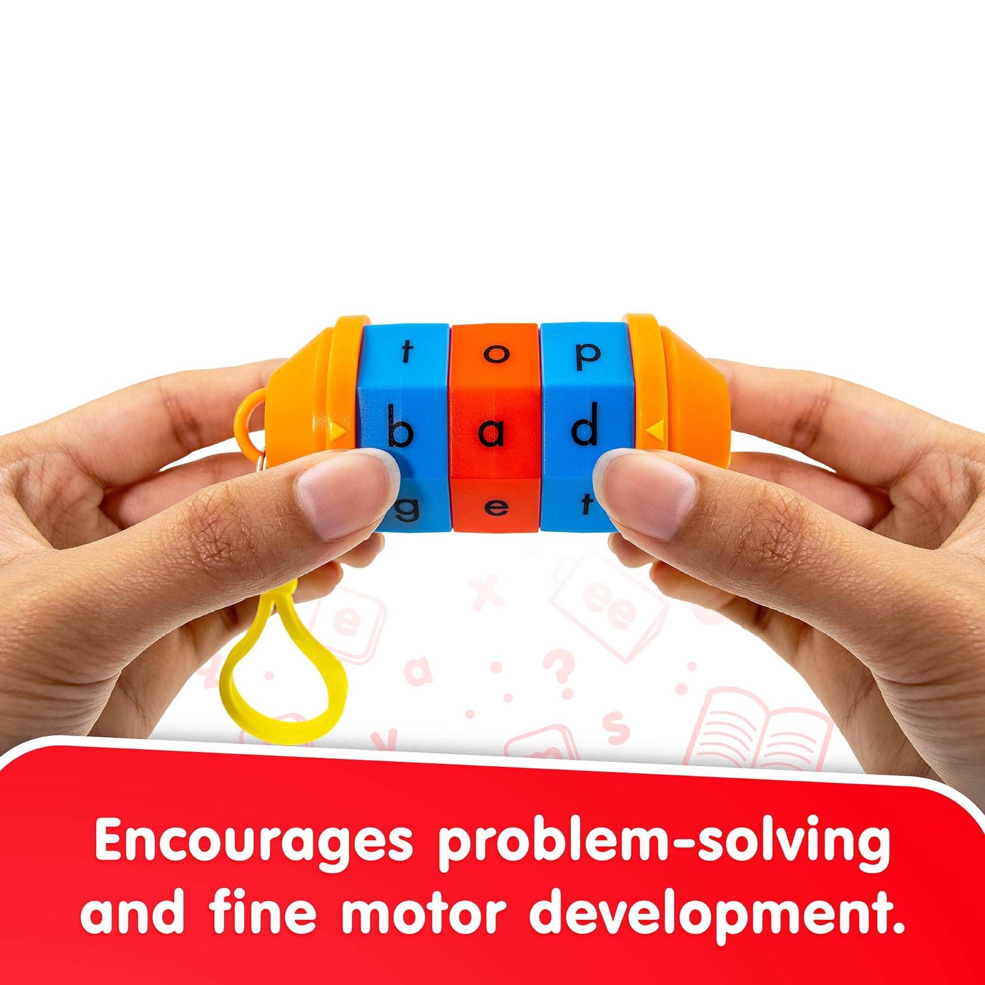 Junior Learning Word Tumbler with blue, red, and orange rotating cylinders spelling CVC words, held in hands