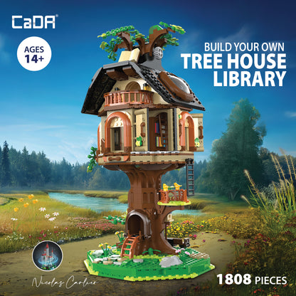 CaDA Tree House Library building set with 1,808 pieces, featuring a multi-level treehouse structure with green foliag...