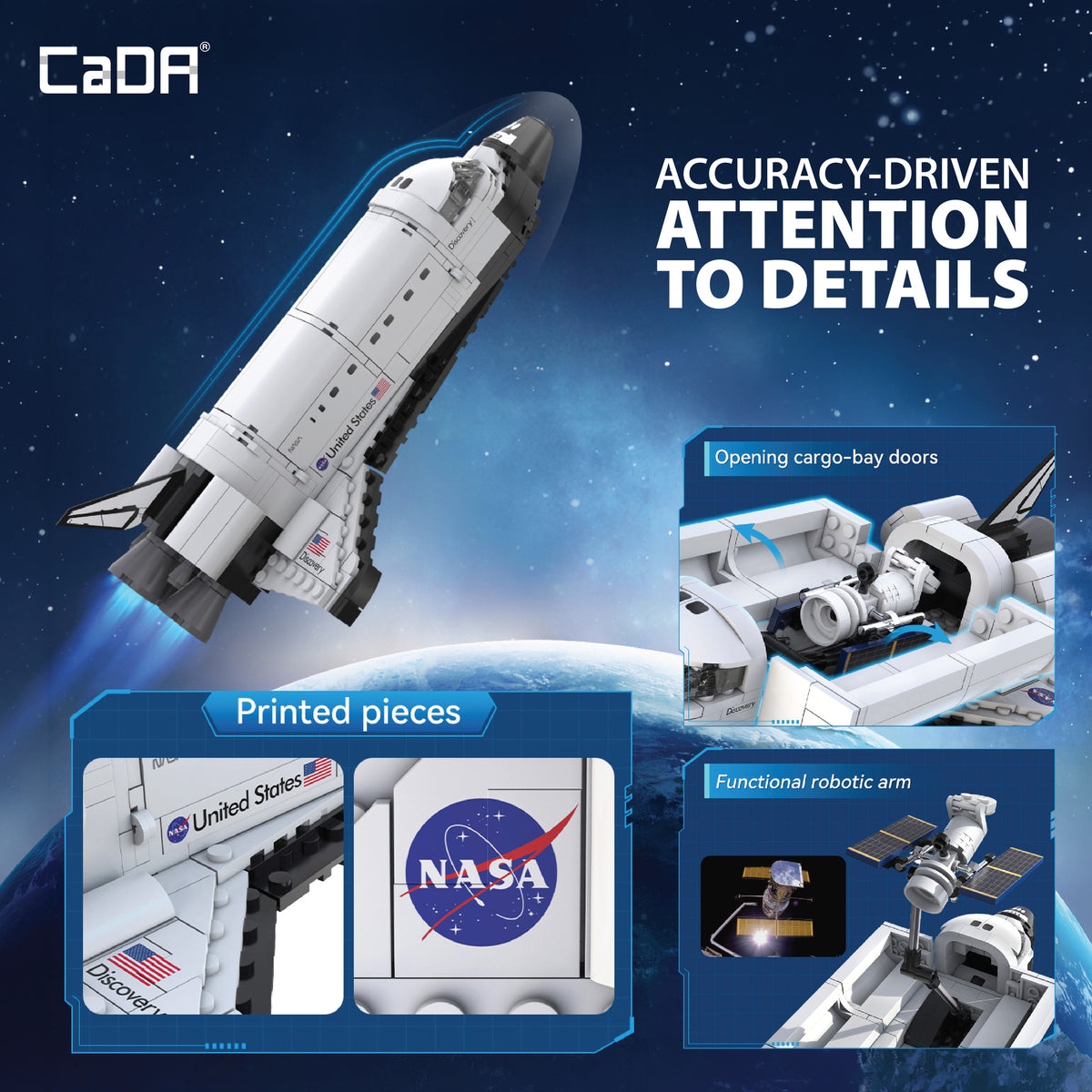 CaDA NASA Space Shuttle Discovery 475-piece building set with white shuttle and opening cargo bay doors