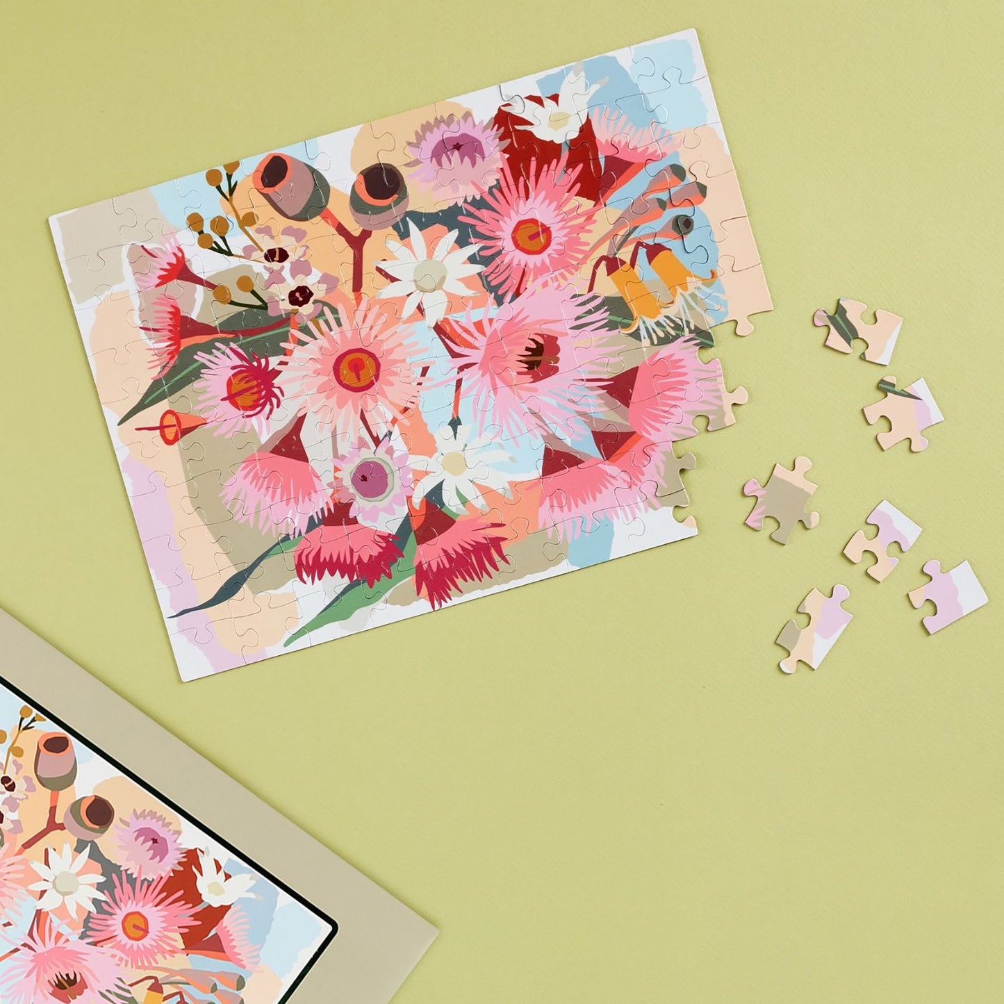 JOS Magnetic Puzzle - Flowering Gum with colorful pink and red flowers on yellow background