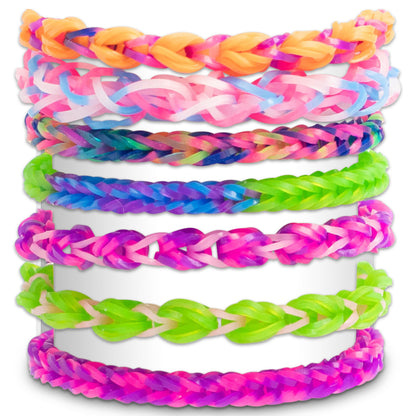Rainbow Loom Confetti Crush colorful twisted rubber band bracelets in neon pink, green, purple, and orange