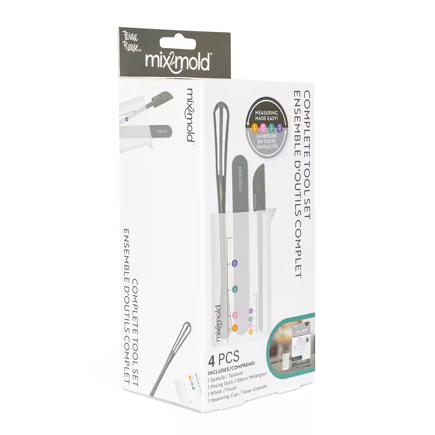 Mix2Mold Complete Tool Set with 4 pieces including spatula, mixing stick, whisk, and measuring cup in gray and white