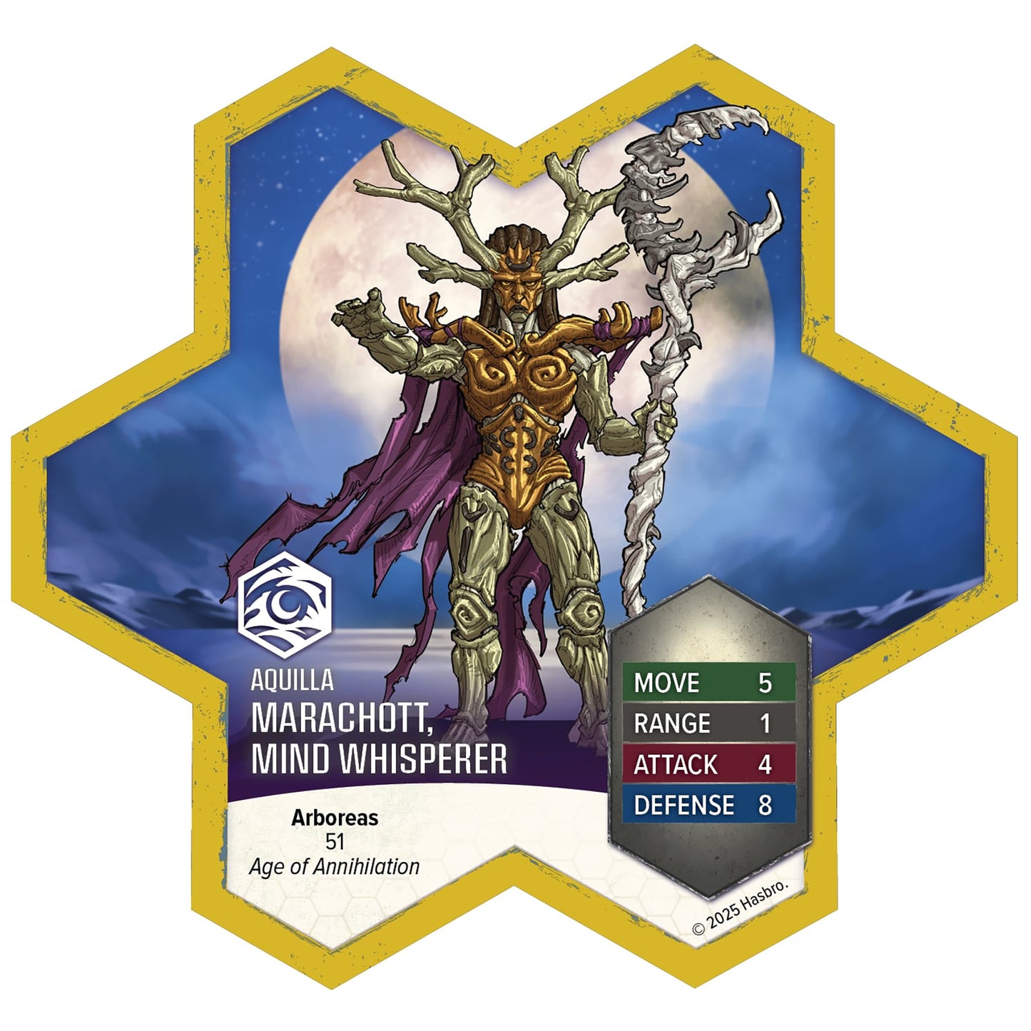 Heroscape Marachott Mind Whisperer miniature figure with gold armor and purple cape on blue moonlit background