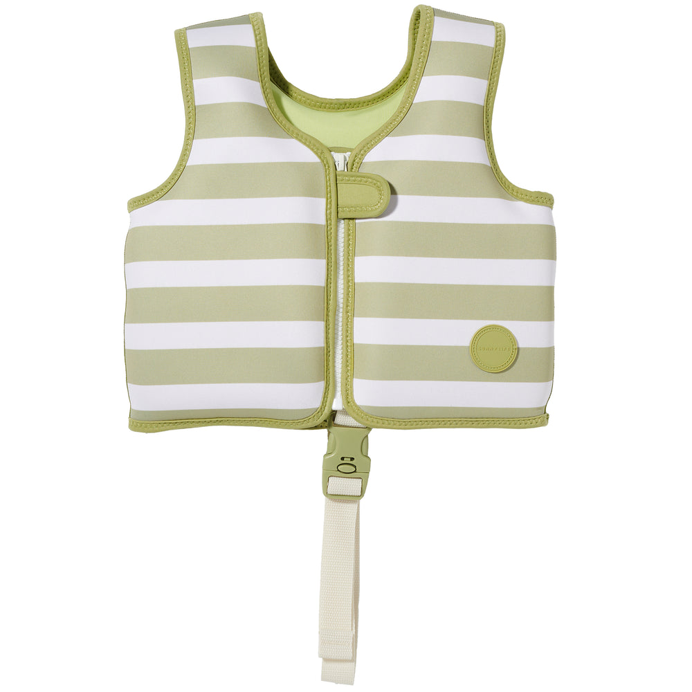 Kids Swim Vest 1-2 Into the Wild in khaki with white stripes and front zip closure