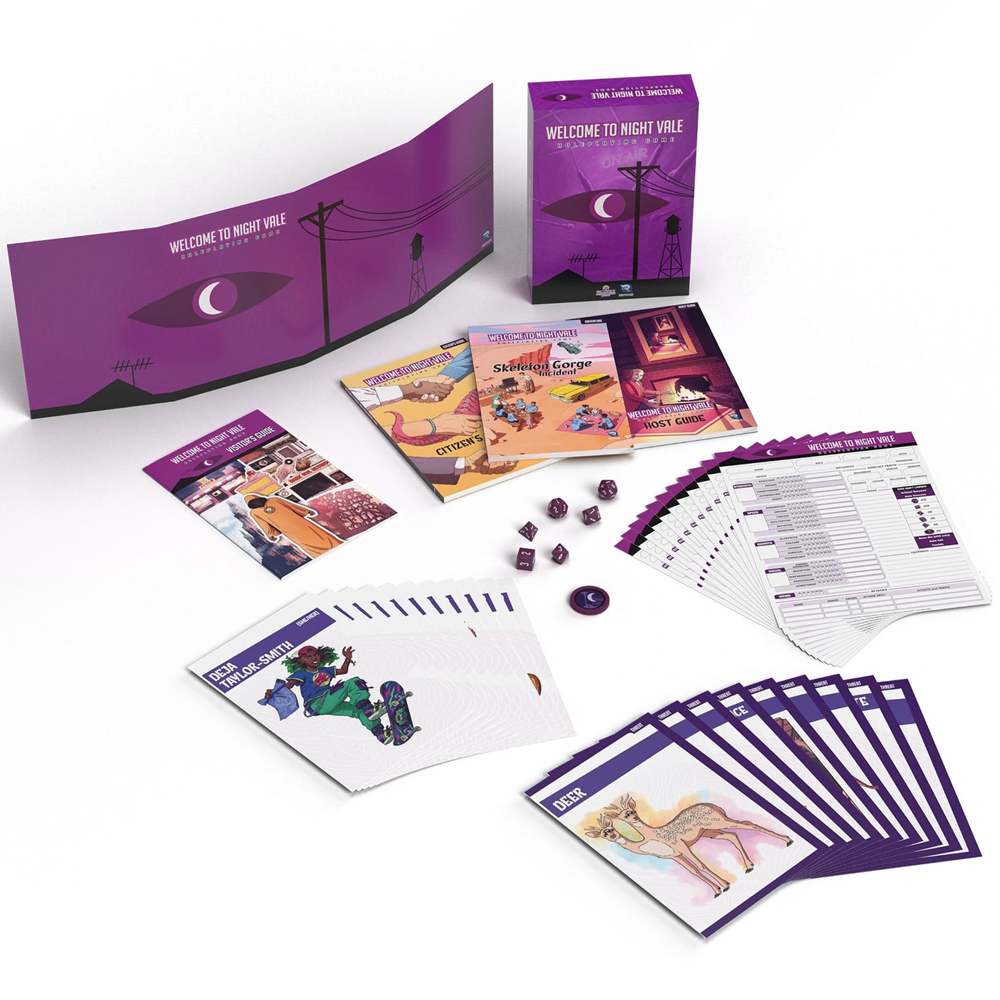 Welcome to Night Vale RPG box set with purple packaging, rulebooks, character sheets, dice, and GM screen
