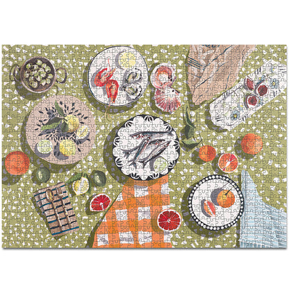JOS 1000 Piece Puzzle - Table By The Sea with colorful fruit and botanical design