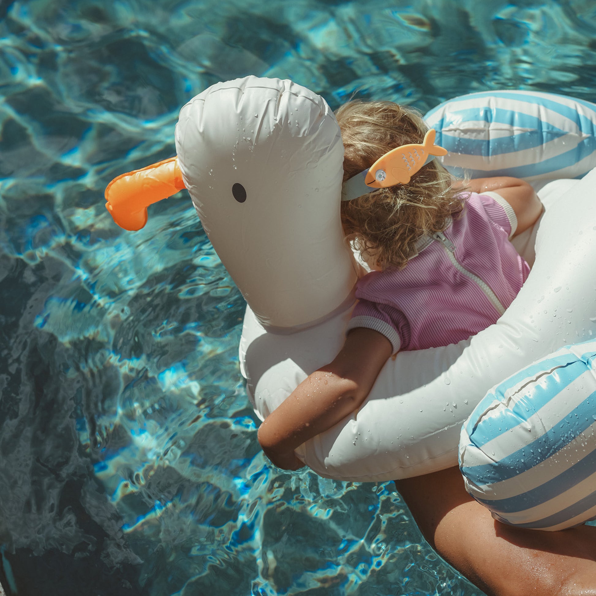 Sammy the Seagull blue stripe pool ring float with child in swimming pool