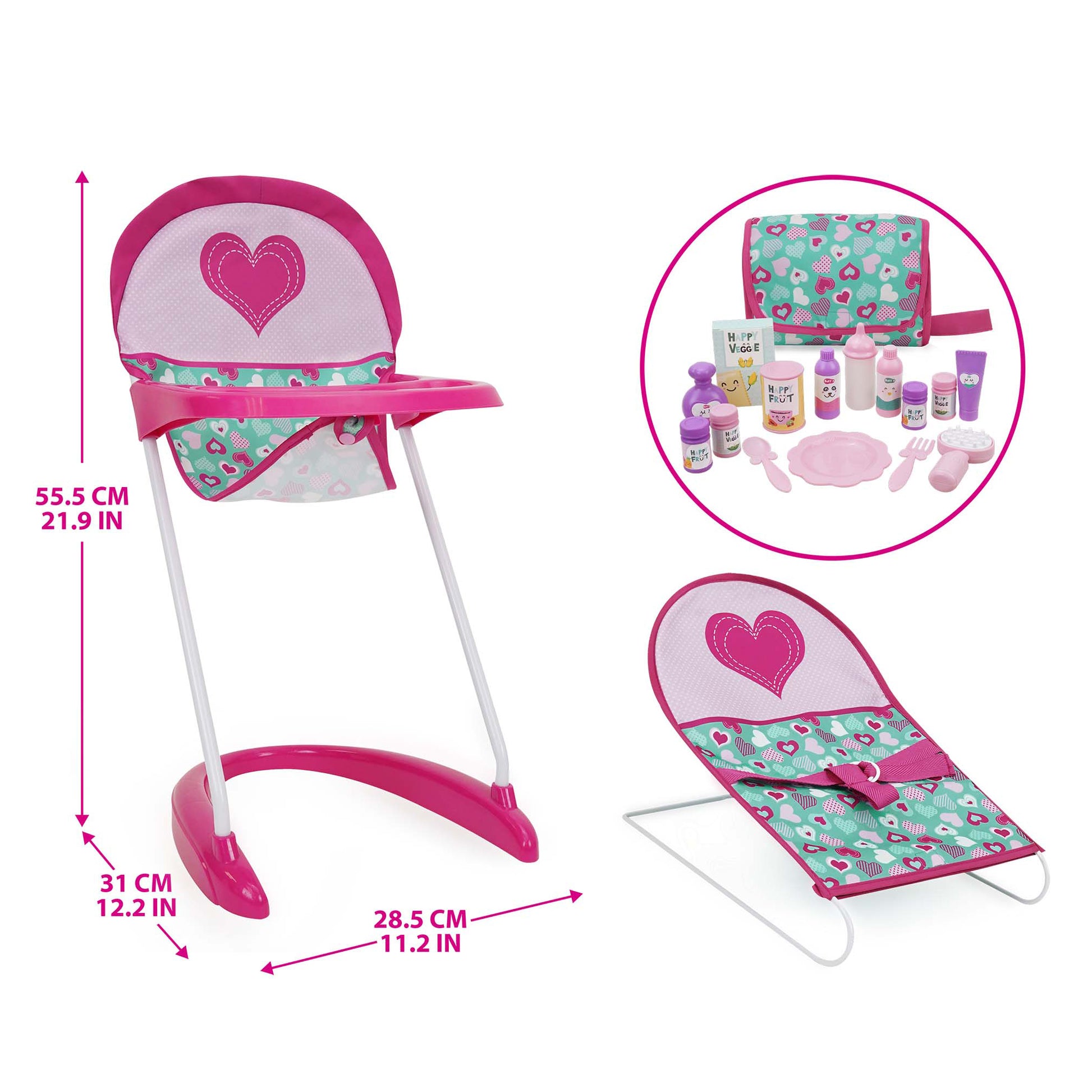 509 Crew Mint Heart Bouncer Doll Play Set with pink high chair, bouncer seat, and accessories