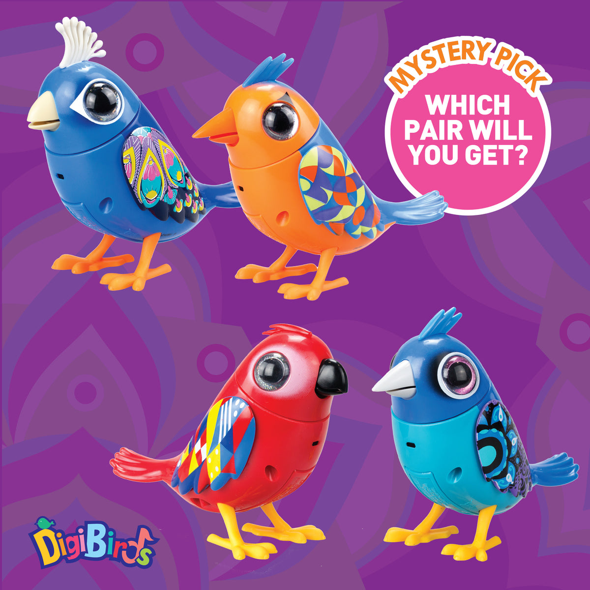 DigiBirds Interactive Singing Bird 2-pack featuring colorful birds in blue, orange, red, and turquoise with patterns