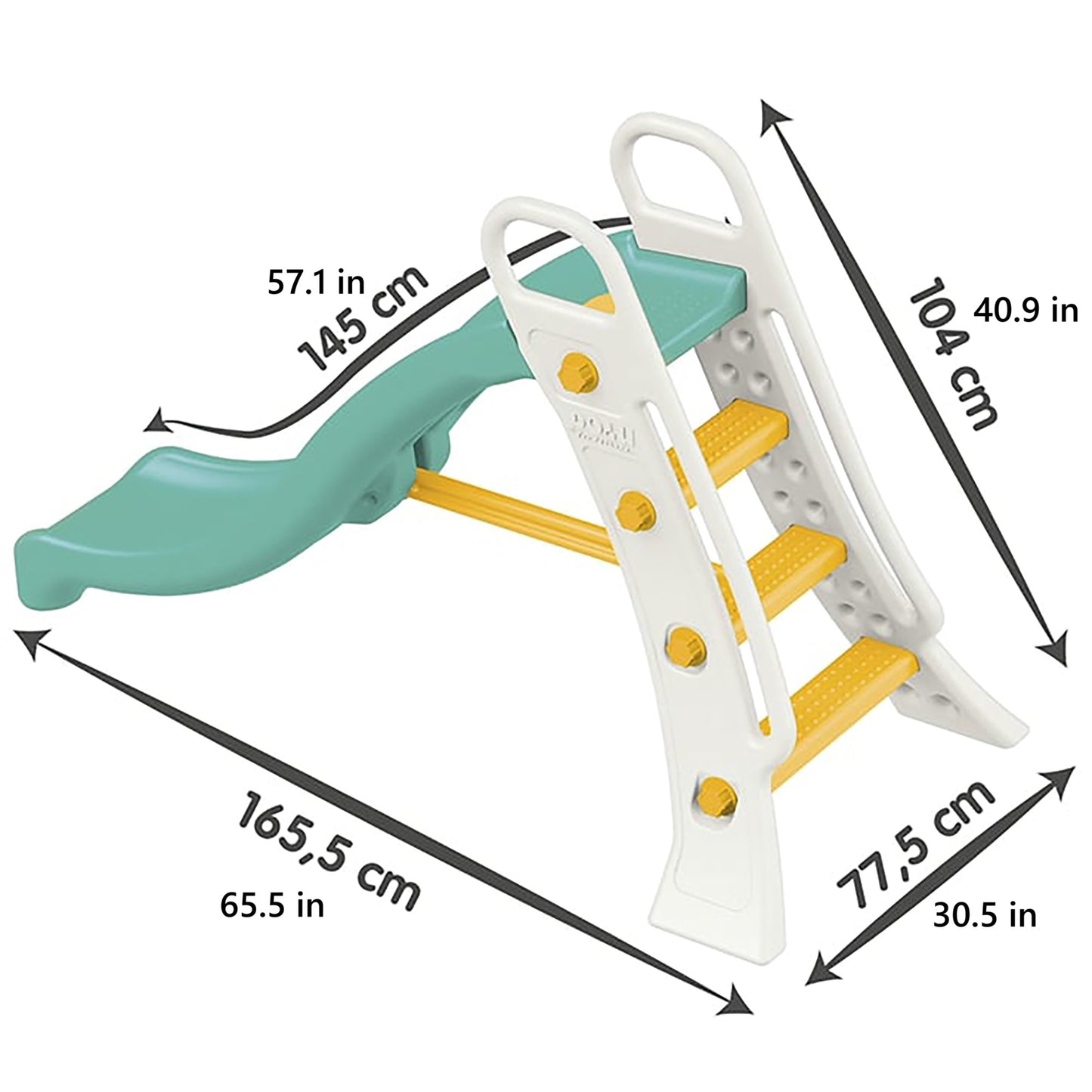 Big Water Slide in green and white with yellow steps and handles