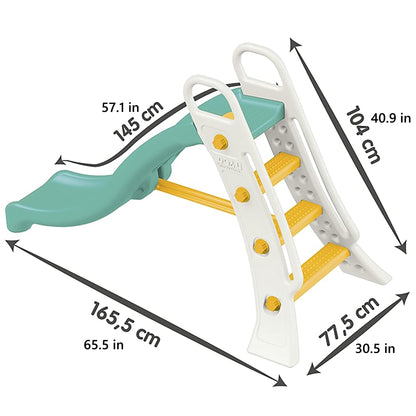 Big Water Slide in green and white with yellow steps and handles