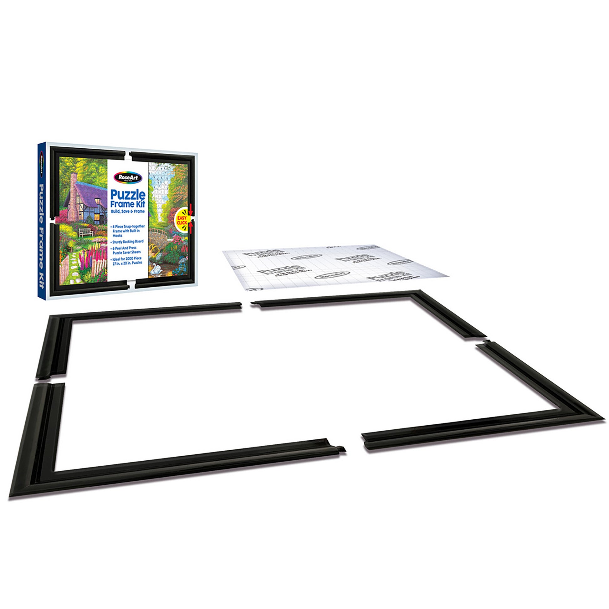 RoseArt Puzzle Frame Kit with black frame pieces and puzzle board mat
