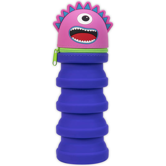 Retractable Pencil Case Monster Pink with blue spiky hair and open mouth