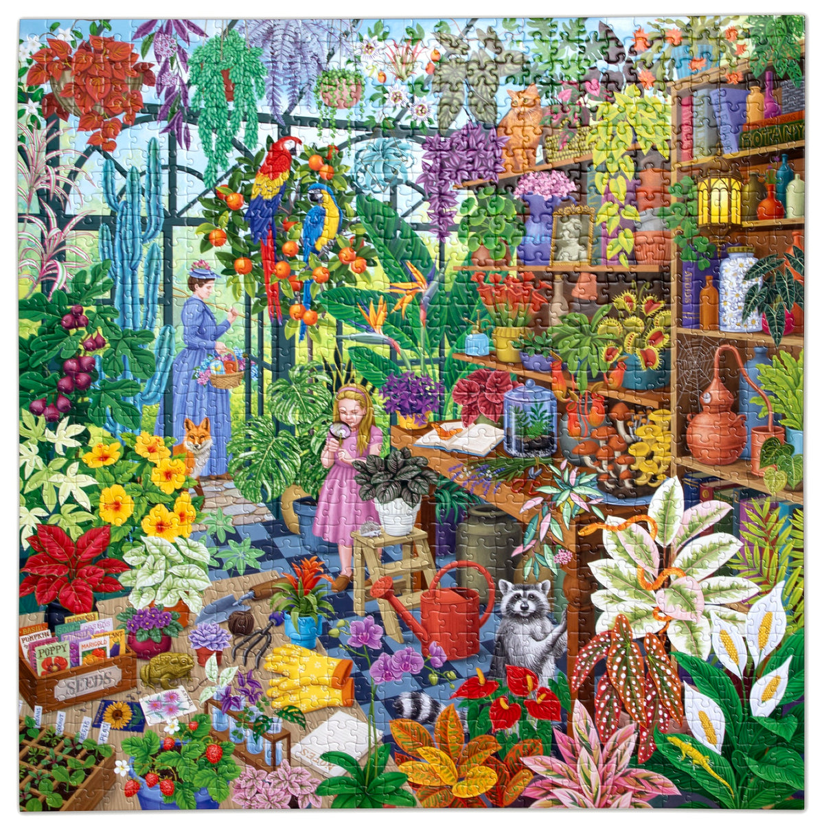 eeBoo Alchemist's Greenhouse 1000 piece jigsaw puzzle featuring colorful garden scene with flowers, plants, and woman