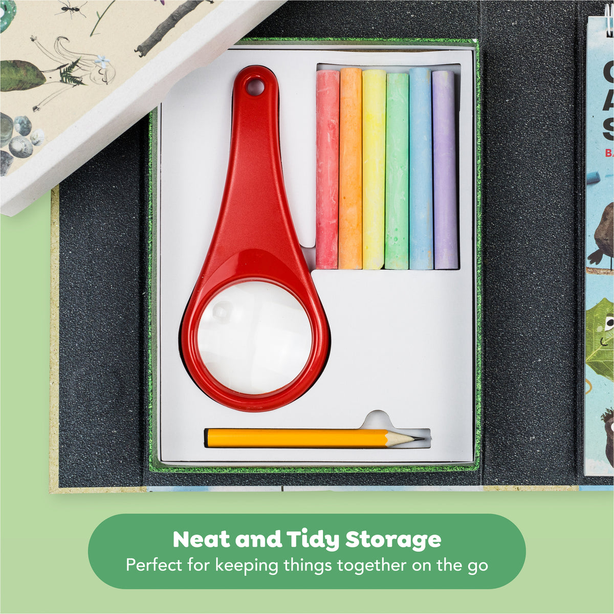 Outdoor Activity Set: Back to Nature with red magnifying glass, colored chalk, pencil, and storage box