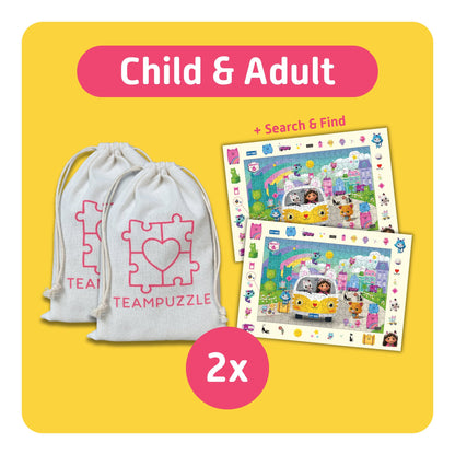 TEAMPUZZLE Gabby's Dollhouse 194pc puzzle set with 2 drawstring bags and search & find cards