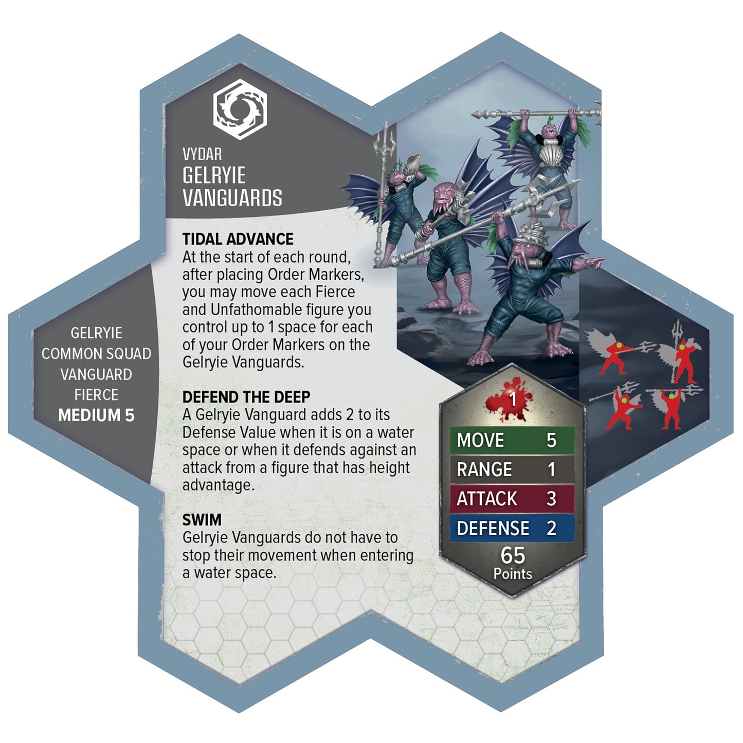 Heroscape Gelyrie Vanguards army expansion with 5 unpainted miniatures and stat cards showing Move 5, Range 1, Attack...