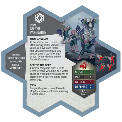 Heroscape Gelyrie Vanguards army expansion with 5 unpainted miniatures and stat cards showing Move 5, Range 1, Attack...