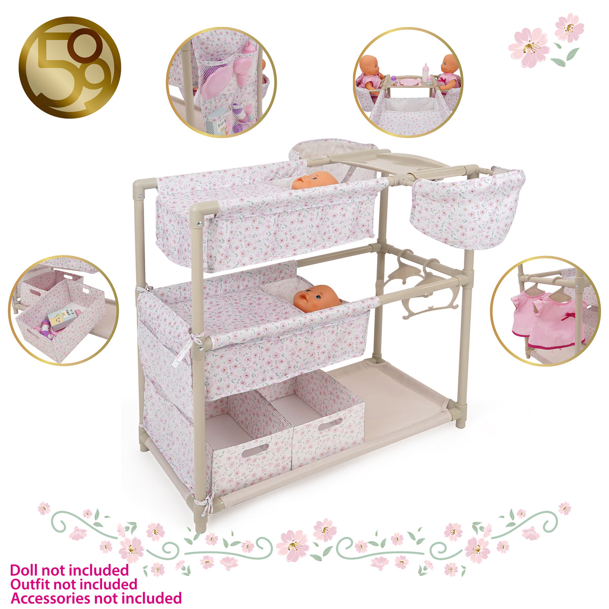 509 Crew Little Flora Twin Doll Play Center with pink floral fabric, storage, and accessories
