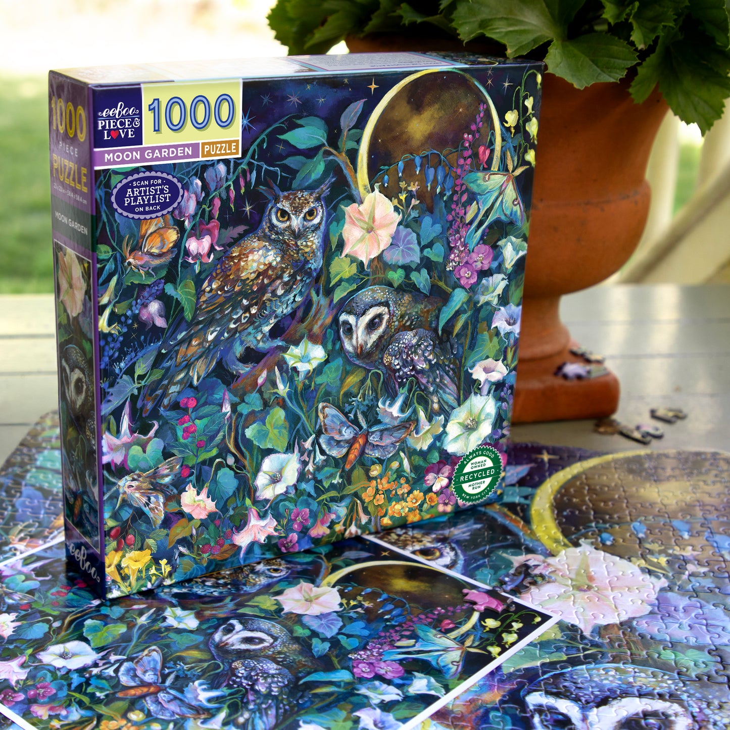 eeBoo Moon Garden 1000-piece puzzle with owls, flowers, and night garden artwork