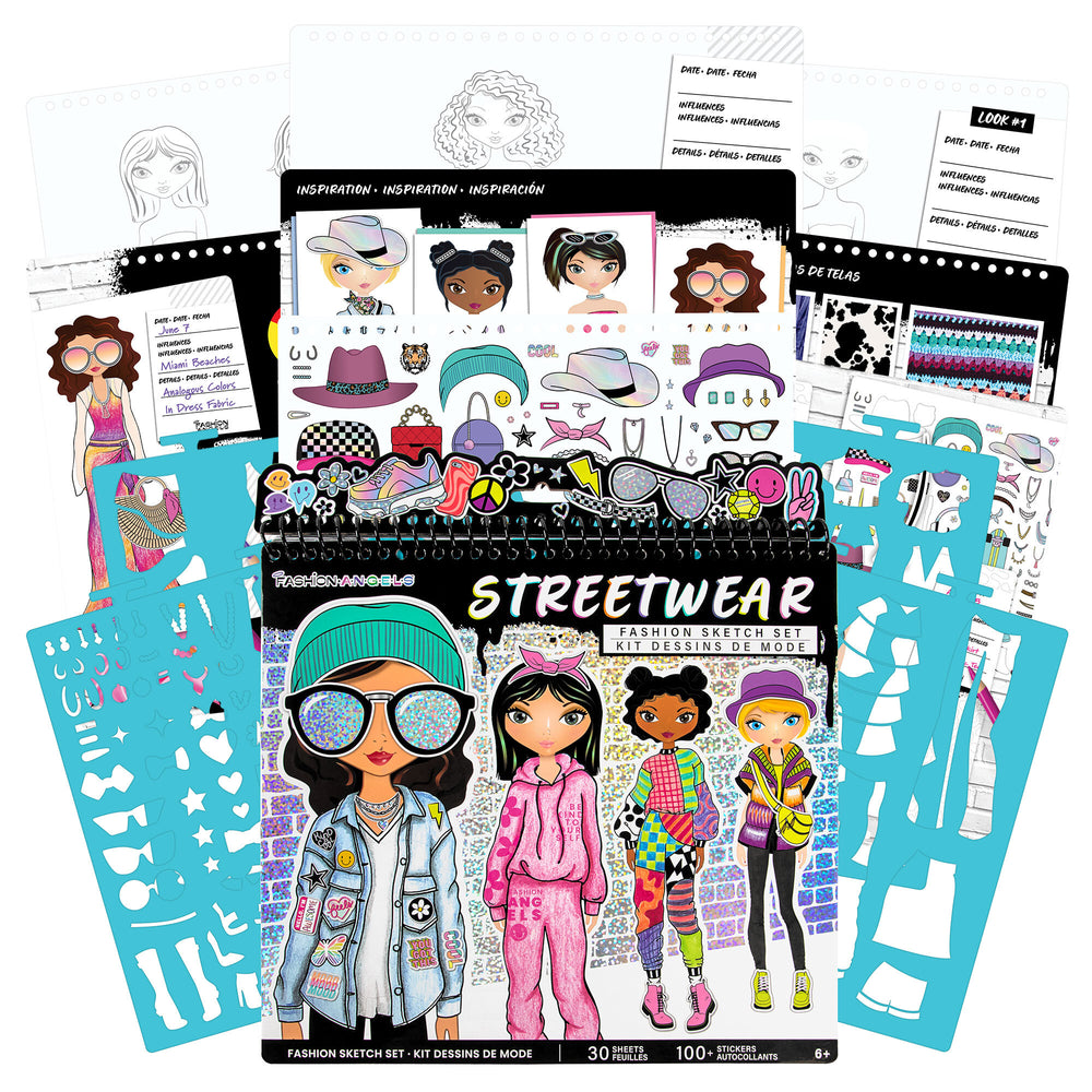 Fashion Sketch Set Streetwear with 30 sheets, 100+ stickers, and colorful design templates