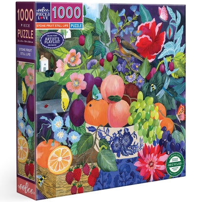 eeBoo Piece & Love Stone Fruit Still Life 1000 Piece Puzzle box showing colorful illustrated orchard scene with peach...