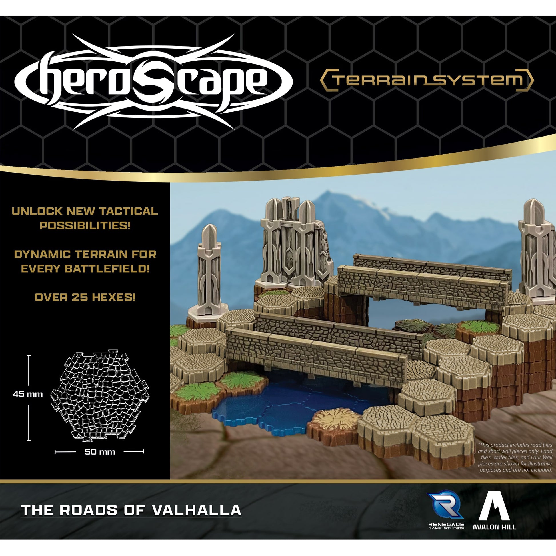 Heroscape Roads of Valhalla terrain expansion set with stone road tiles, walls, and fantasy battlefield scenery