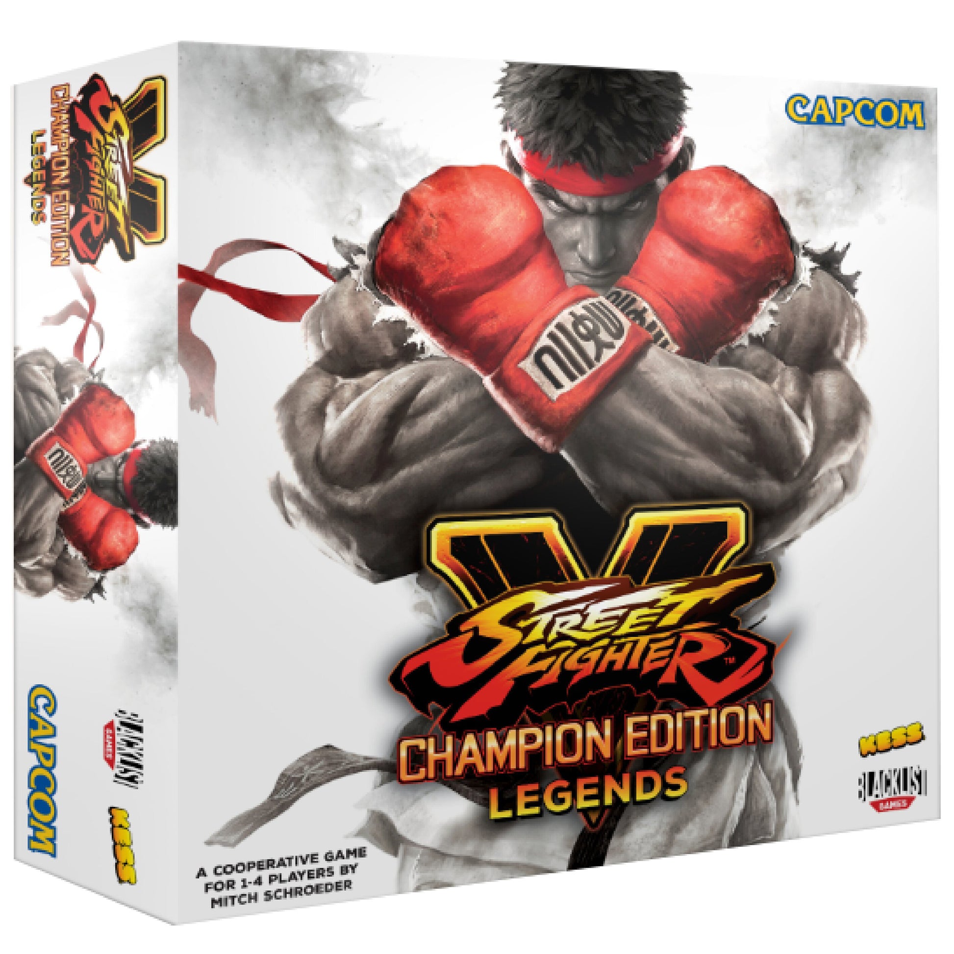 Street Fighter V Champion Edition Legends board game box featuring character in red boxing gloves