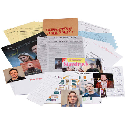 Detective For A Day Hollywood Murder interactive crime party game with case files, newspaper clippings, and character...