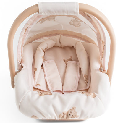 Roma Teddy Car Seat with cream and beige teddy bear pattern, top view