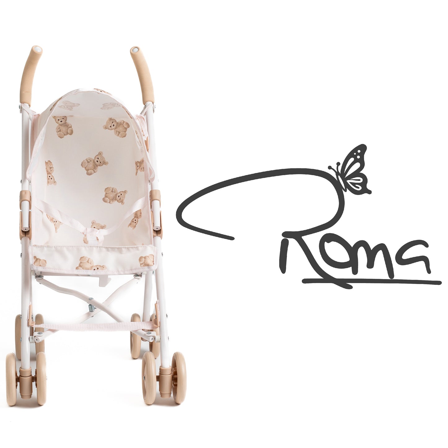 Roma Teddy XL Umbrella Buggy in pink with teddy bear pattern and wooden handles