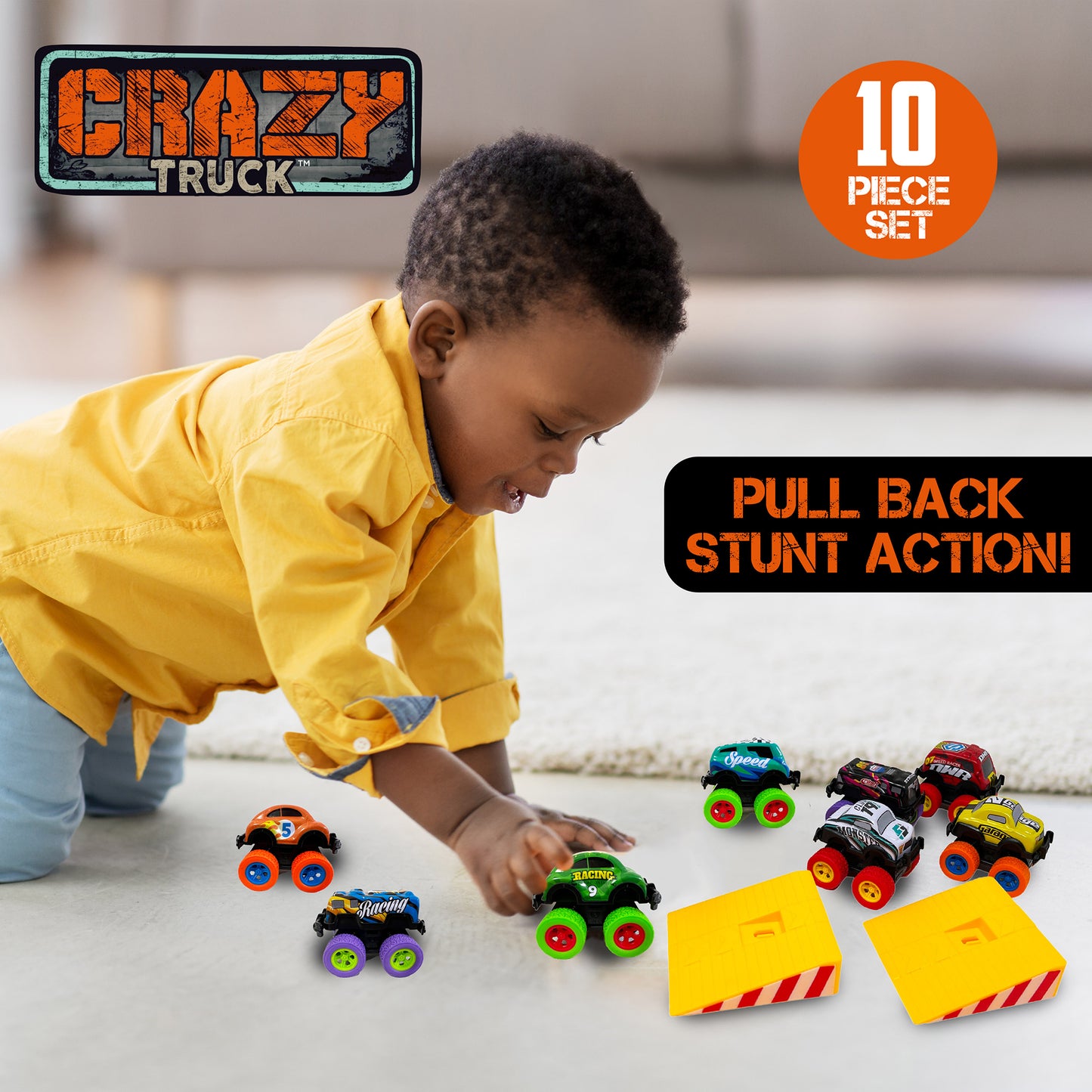Crazy Truck Die Cast Trucks Set - 10pc Friction Cars & Stunt Ramps for Kids 3+