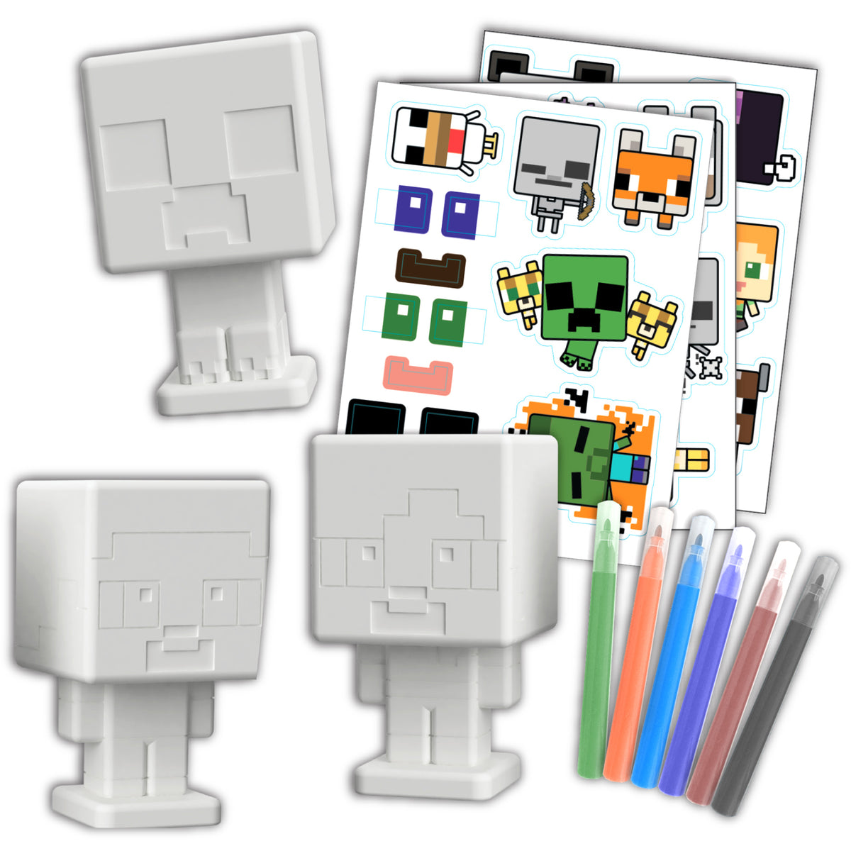 Minecraft 3-In-1 Activity Set with vinyl characters, markers, sticker sheets, and pixel bead pegboards