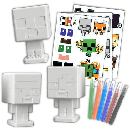 Minecraft 3-In-1 Activity Set with vinyl characters, markers, sticker sheets, and pixel bead pegboards