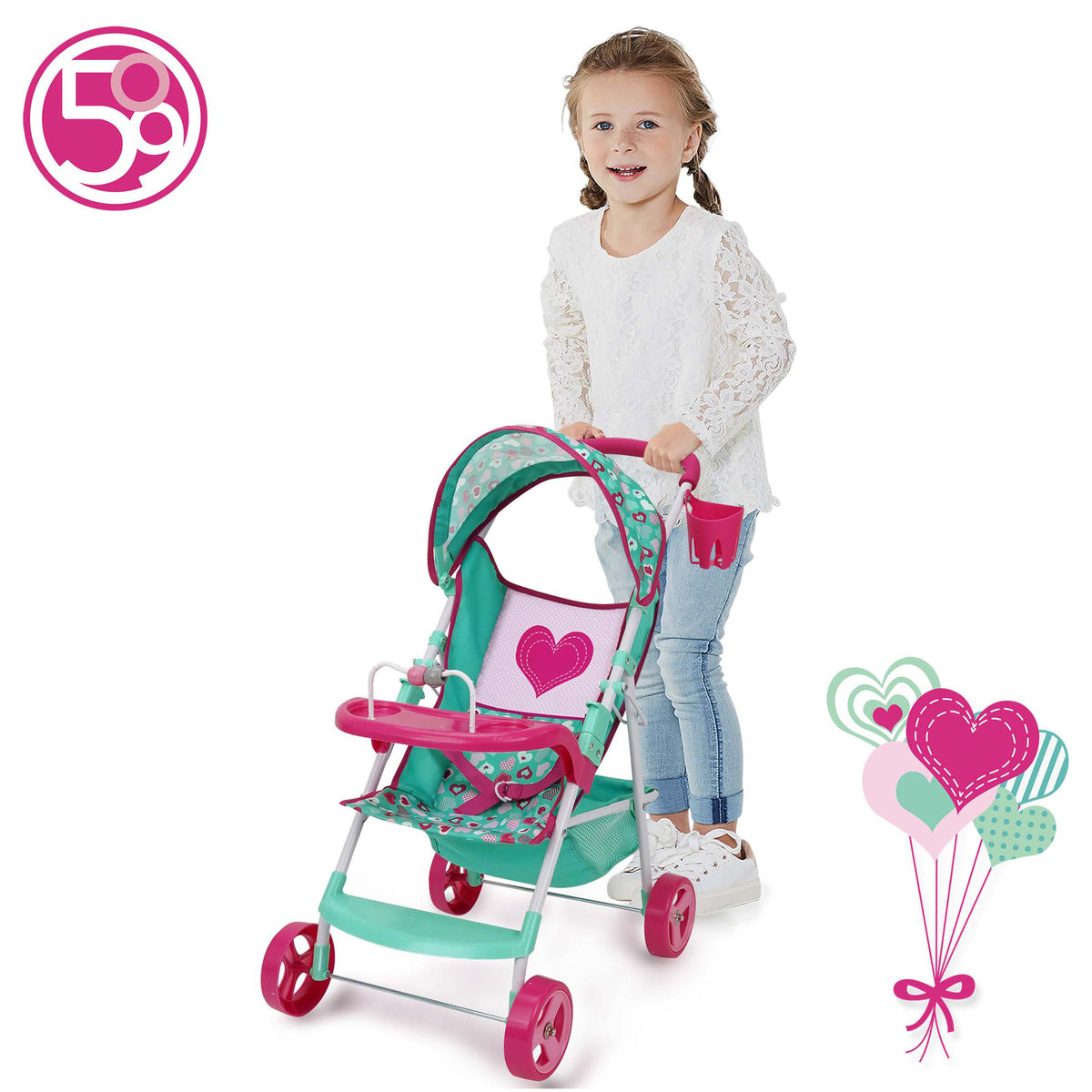 509 Crew Mint Heart Sarah Doll Stroller in turquoise and pink with girl pushing it