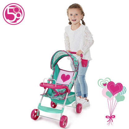 509 Crew Mint Heart Sarah Doll Stroller in turquoise and pink with girl pushing it