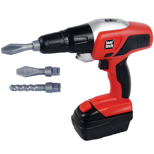 Tool Tech Power Drill toy in red and black with three interchangeable bits and battery pack