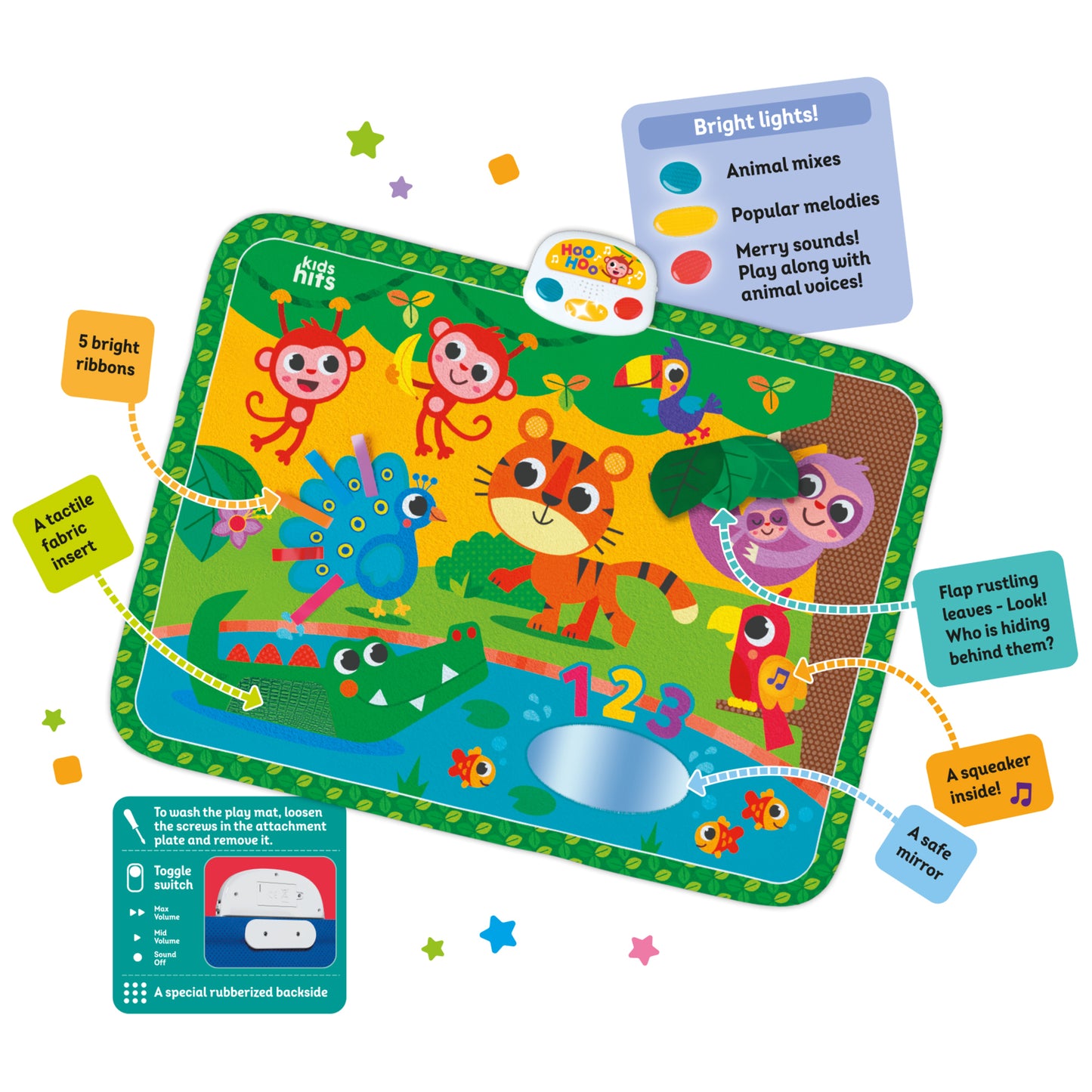 Kids Hits Touch & Play Mat Jungle Pals with colorful animals, lights, sounds, and tactile features