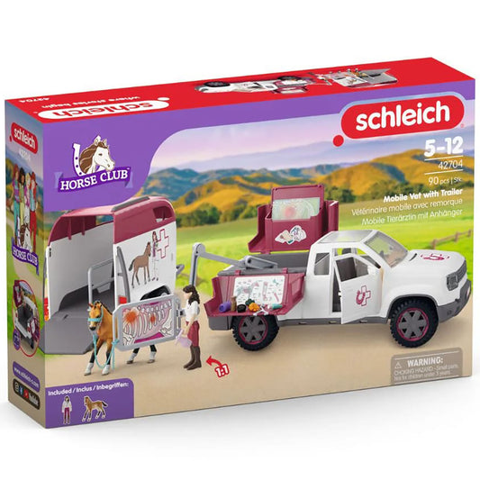 Schleich Horse Club Mobile Vet with Trailer playset, white and burgundy veterinary vehicle with accessories