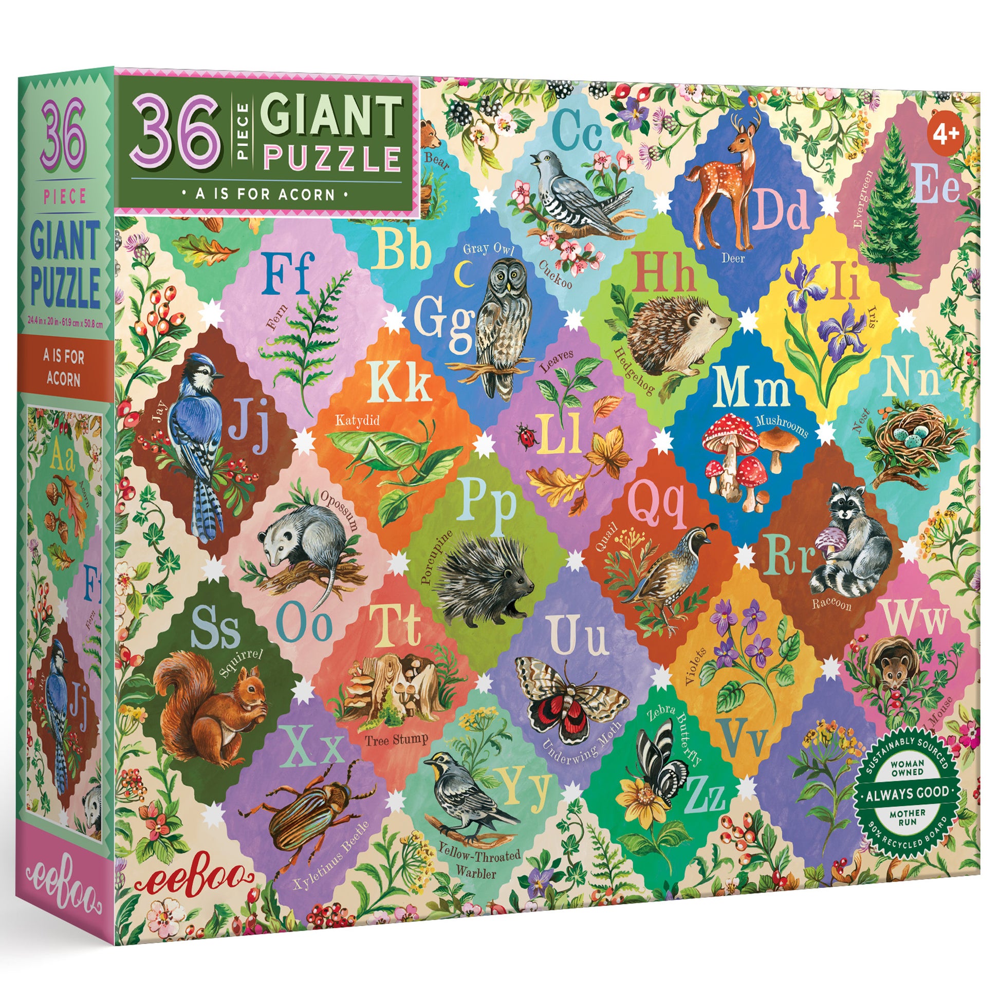 36 Piece Giant Puzzle A is for Acorn - Colorful alphabet animal design for ages 4+