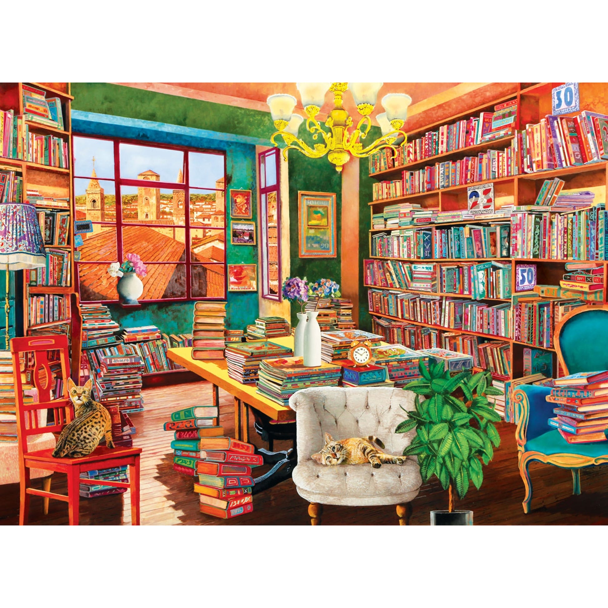 Eurographics The Old Library 1000 Piece Puzzle featuring colorful bookroom with cats and shelves