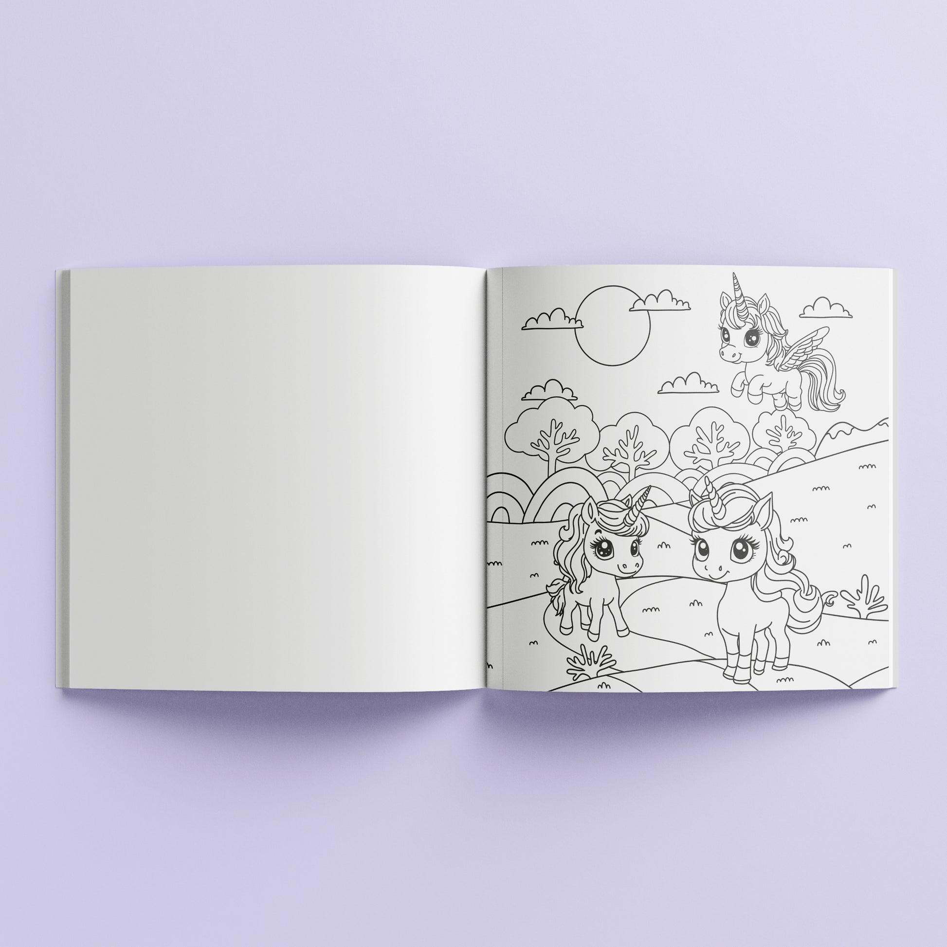 Kaleidoscope Unicorn Magic Coloring Book open showing blank and illustrated unicorn pages